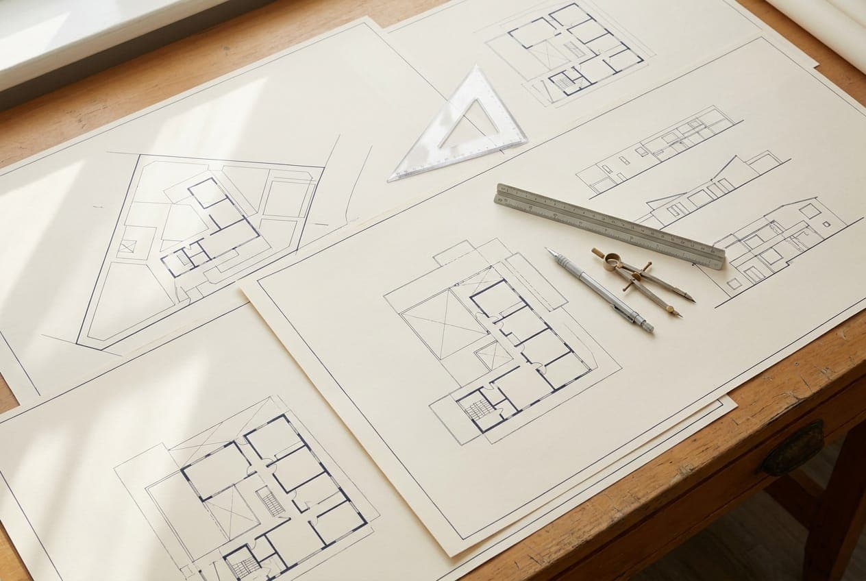 Architectural site plans and elevations on a drafting desk