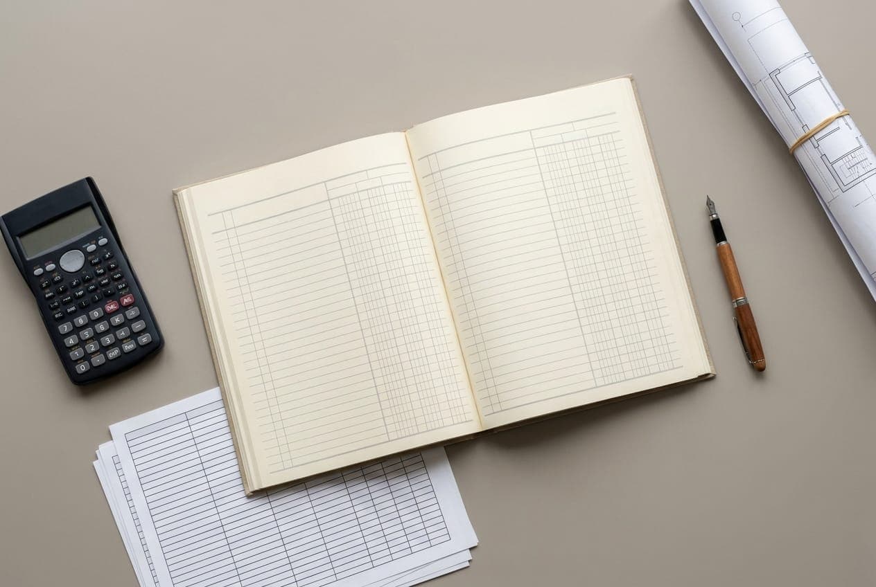 Project cost ledger, calculator and estimates on a desk