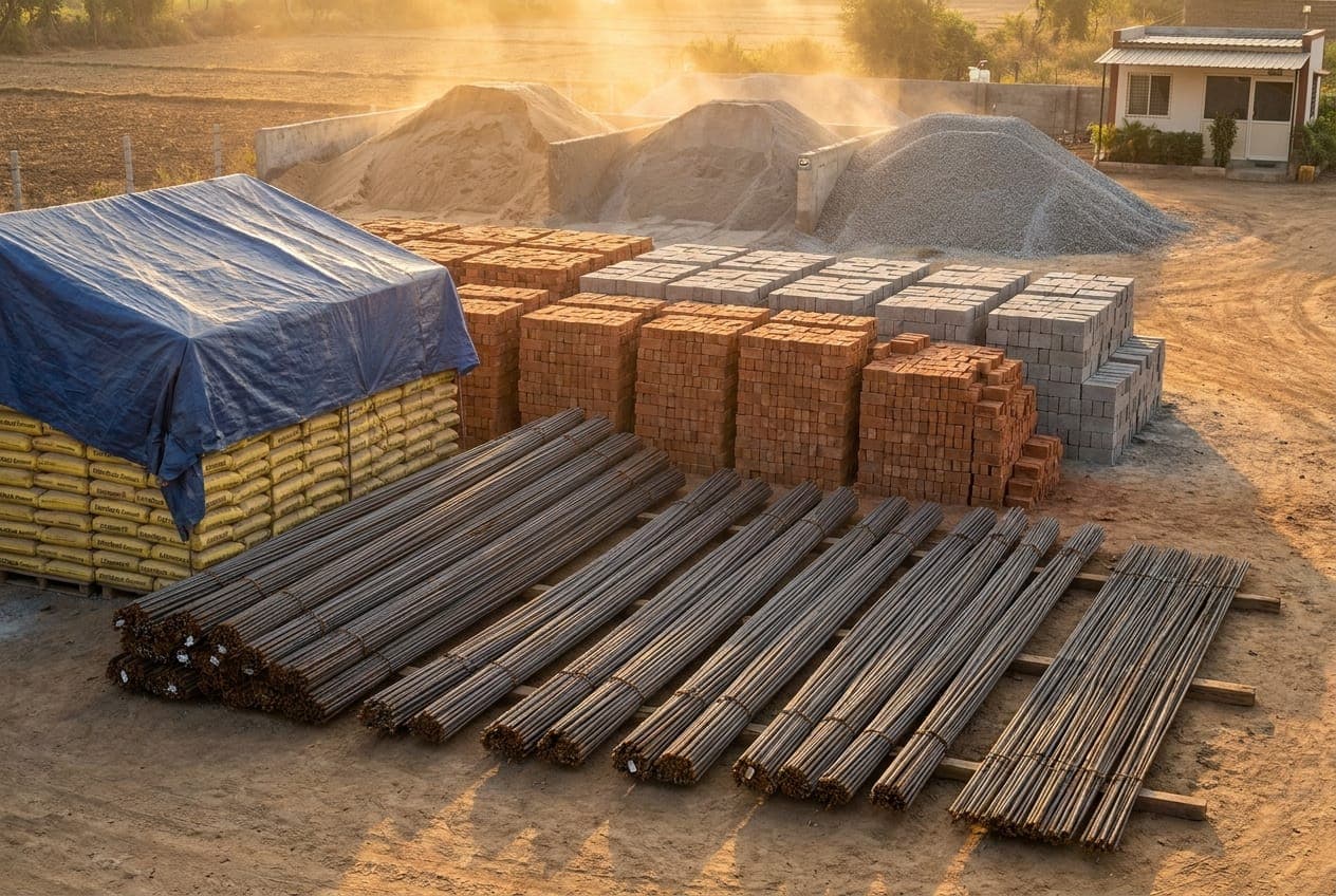 Organised construction material yard with steel, cement and blocks
