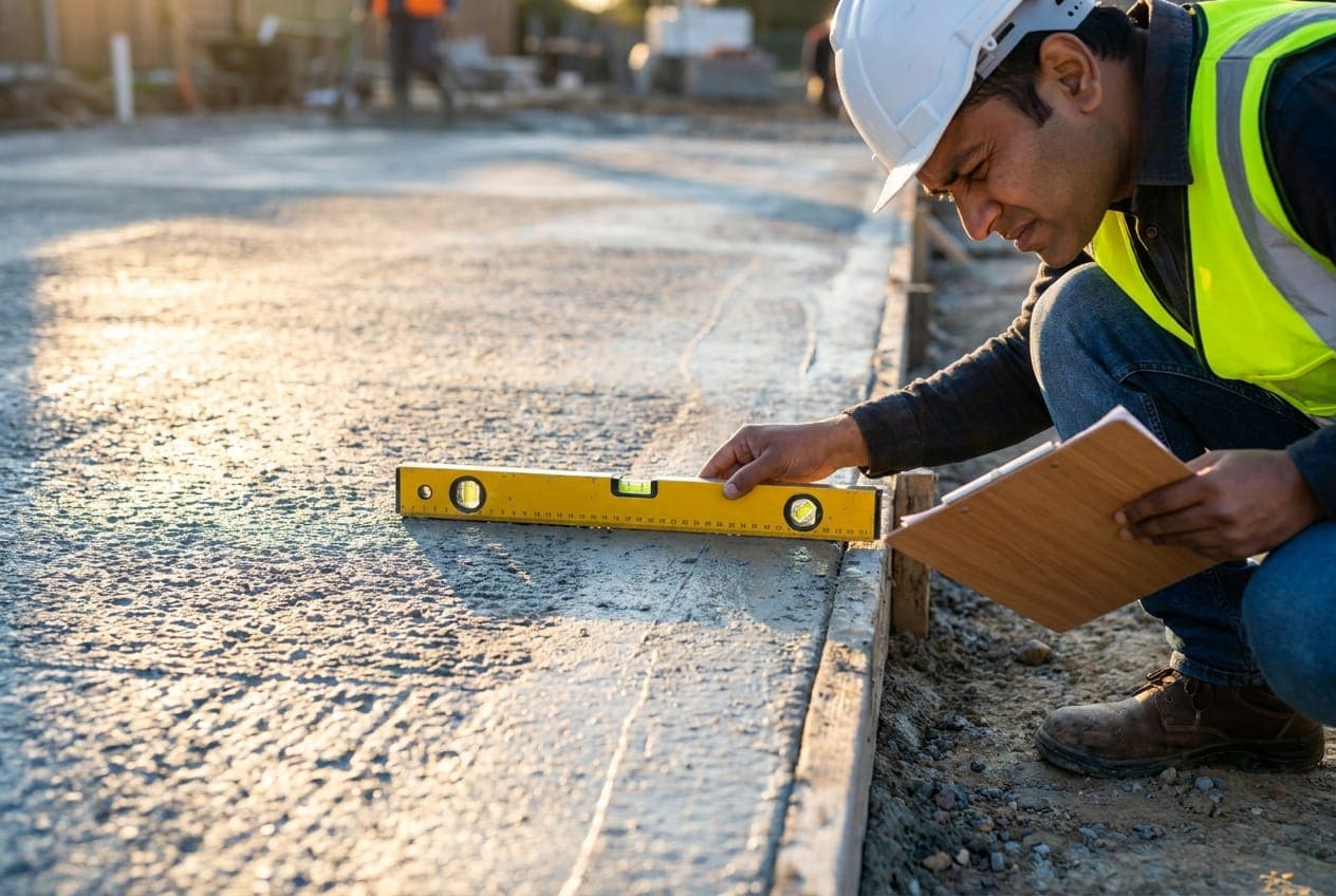 Quality inspector checking a freshly poured concrete slab