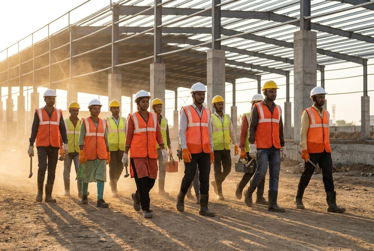 Construction crew in full PPE at the start of a shift