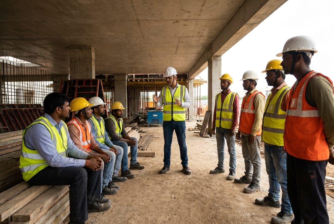 Site safety toolbox talk with the construction crew